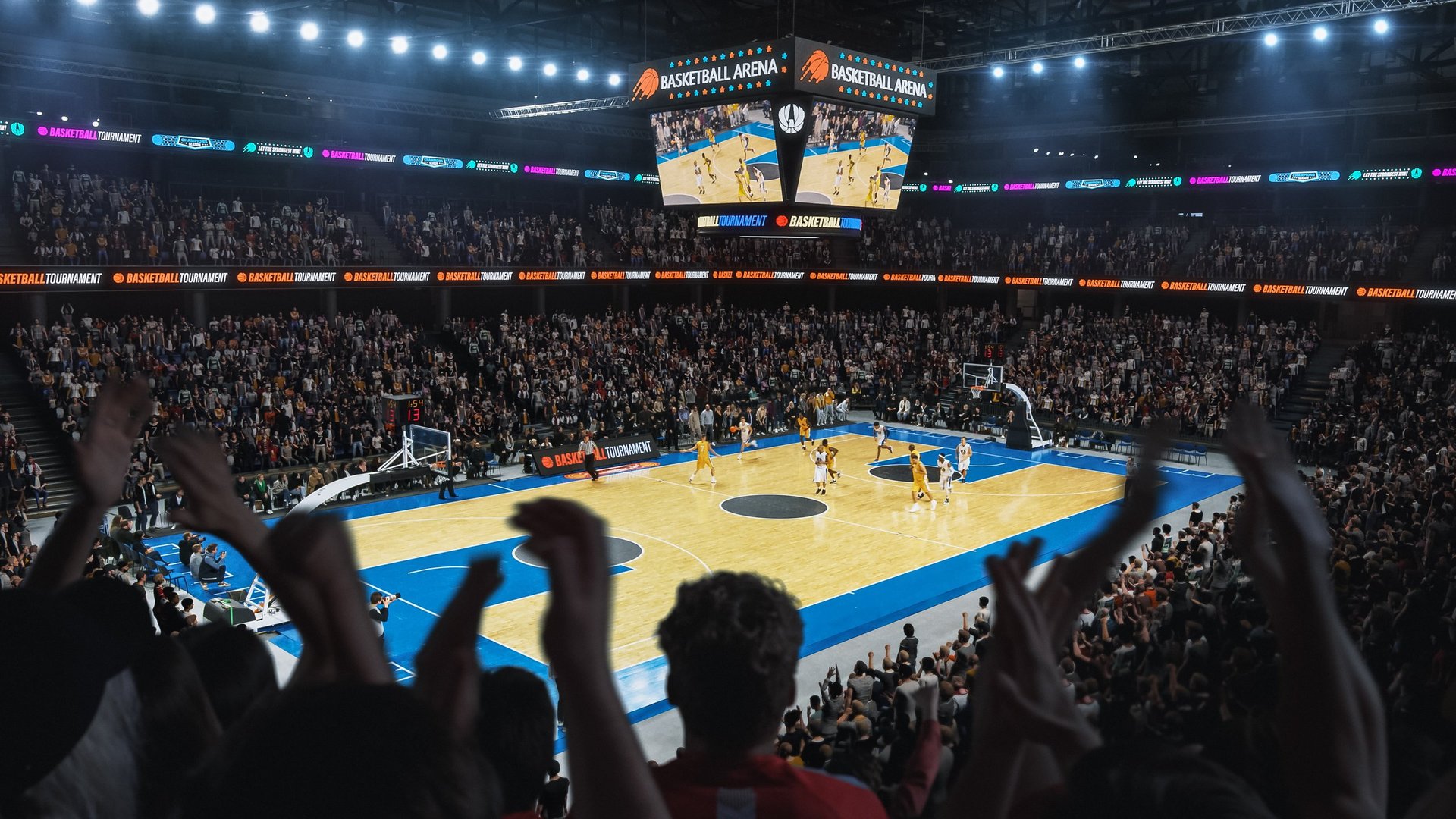 Arena full of spectators watching a basketball championship game