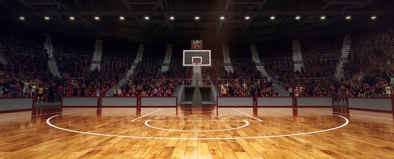 Basketball court with indoor spotlights and fans