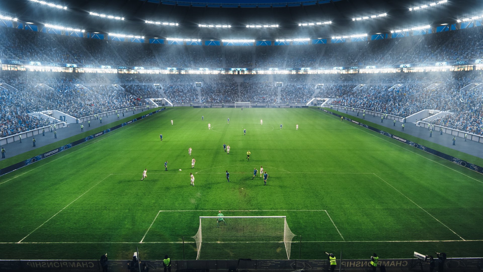 High Angle Shot Behind Goalkeeper Gates: Stadium with Soccer Championship Match. Teams Play, Crowds of Fans Cheer. Football Tournament.