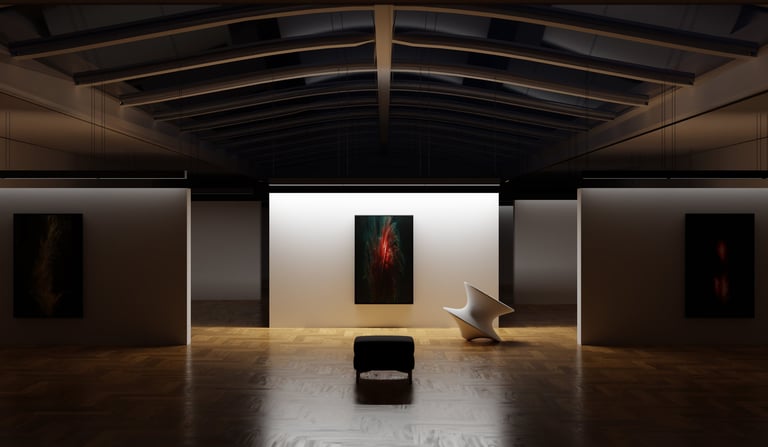 Futuristic art gallery interior with abstract lighting and modern sculptures
