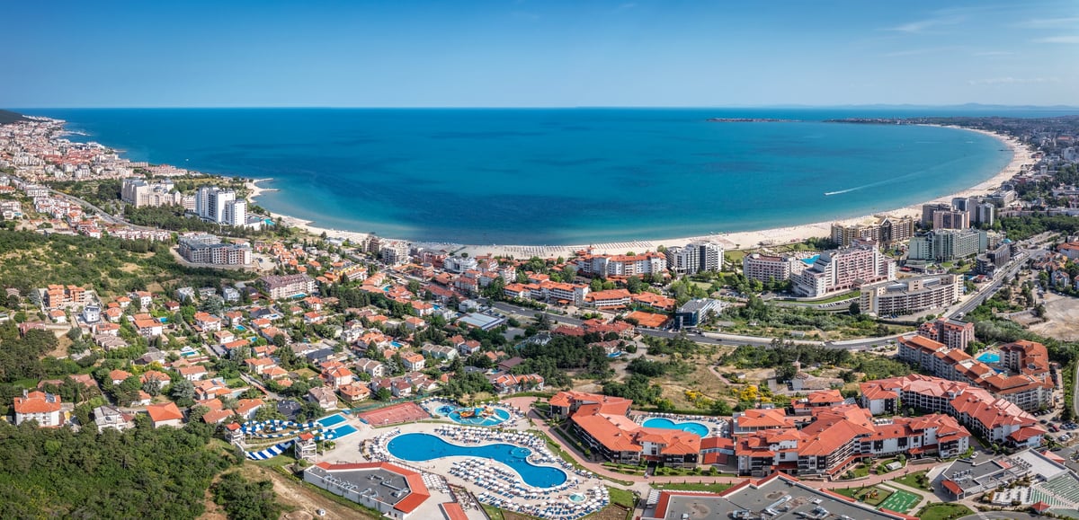 Aerial view to the largest seaside resort Sunny Beach on the Black Sea