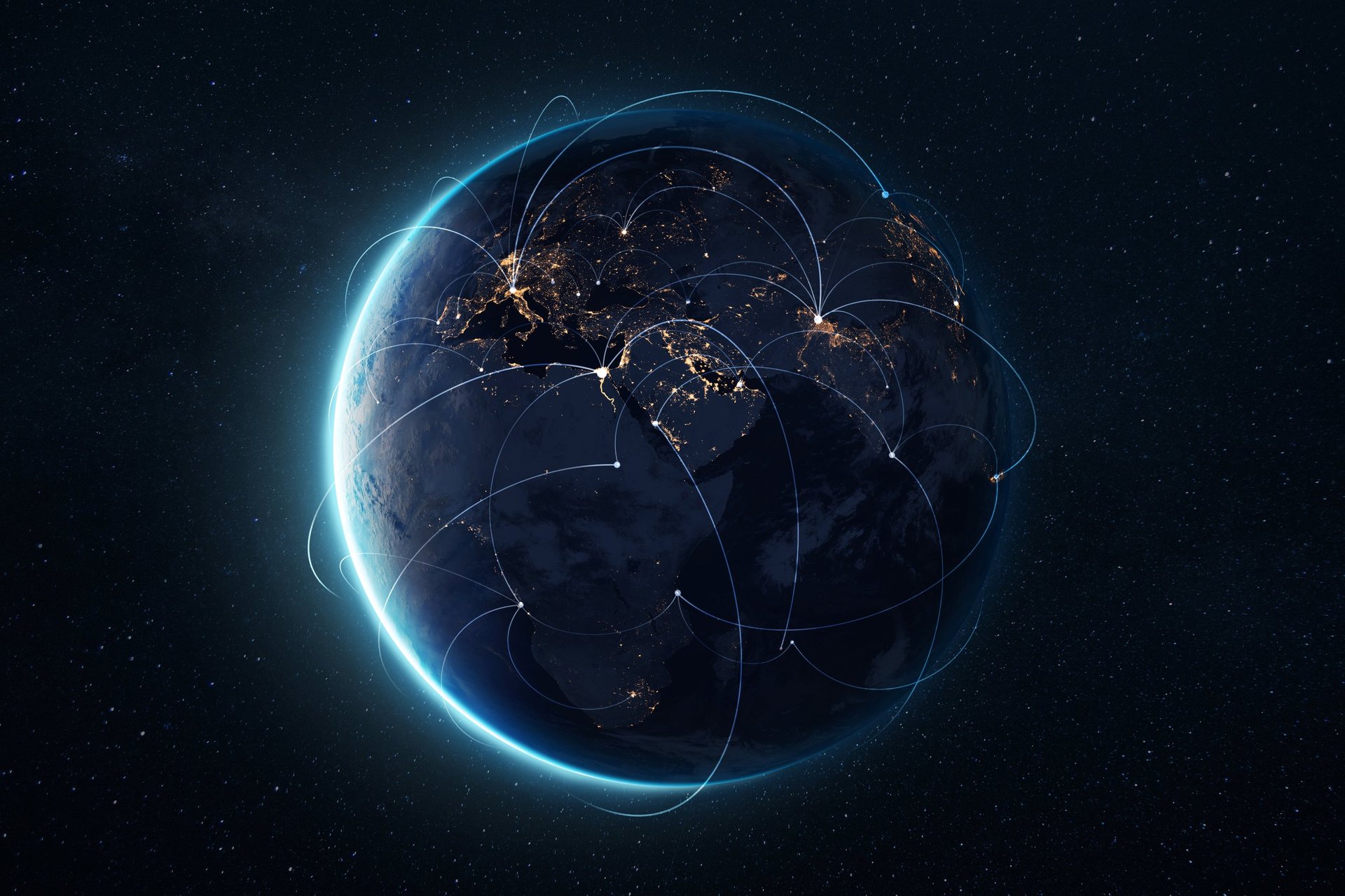 Digital connections around the world – planet Earth at night with glowing network lines representing global communication, data transfer and worldwide internet connectivity