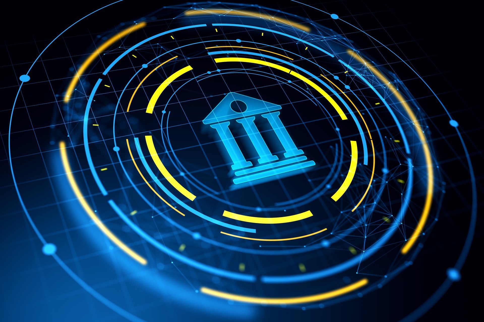 Glowing banking icon in neon digital style with circular tech elements on a dark grid background – financial technology concept