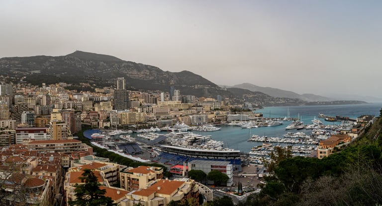 Aerial view of the Monaco Formula One circuit with marina