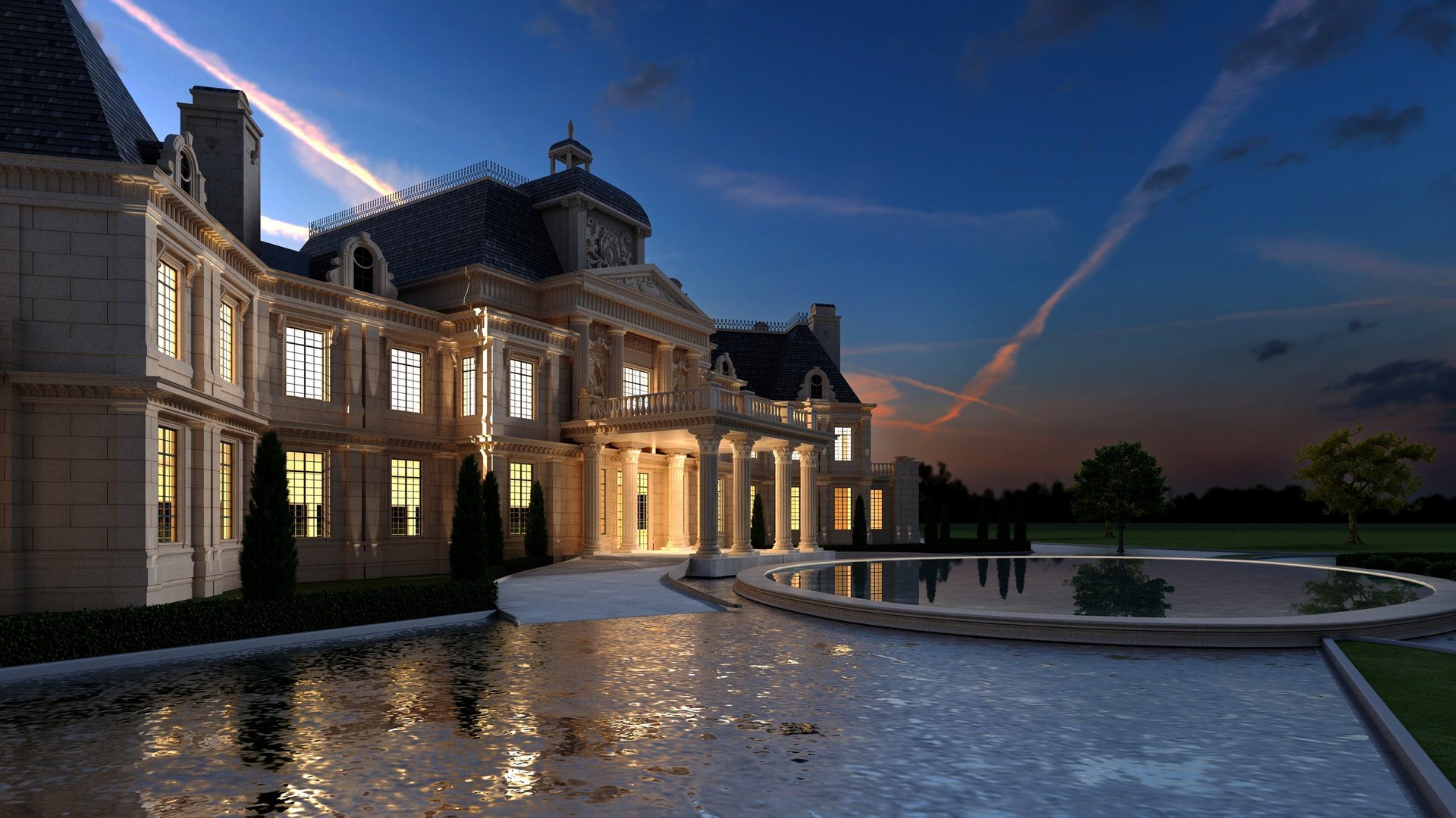 High-quality 3D render of modern building exteriors at night with cinematic lighting, realistic reflections and detailed architecture