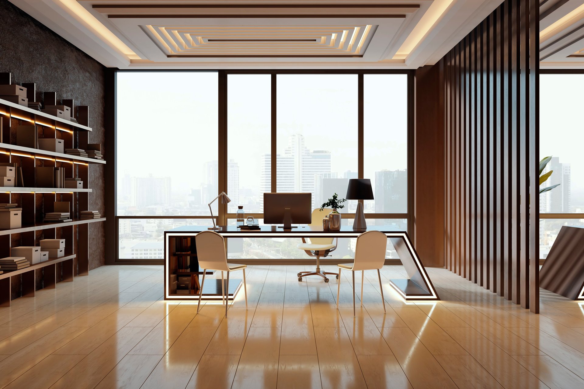 Sophisticated modern office interior with glass desk, bookshelves, cityscape view