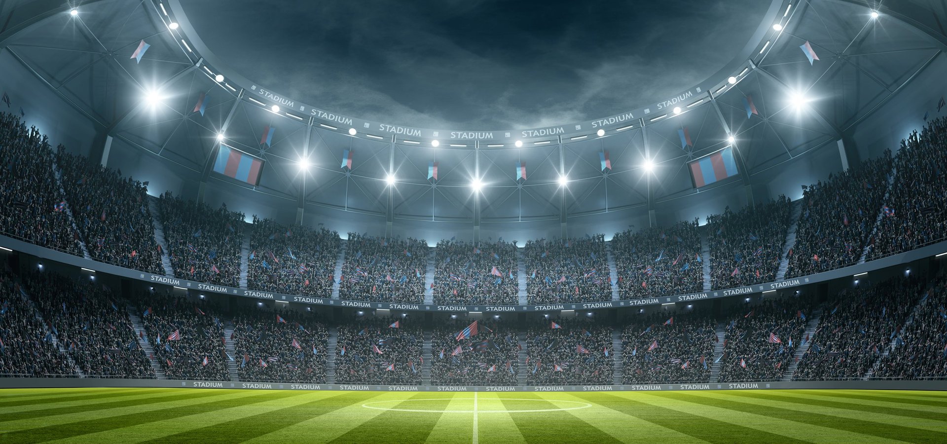 Modelled and rendered stadium at dusk with illuminated stands