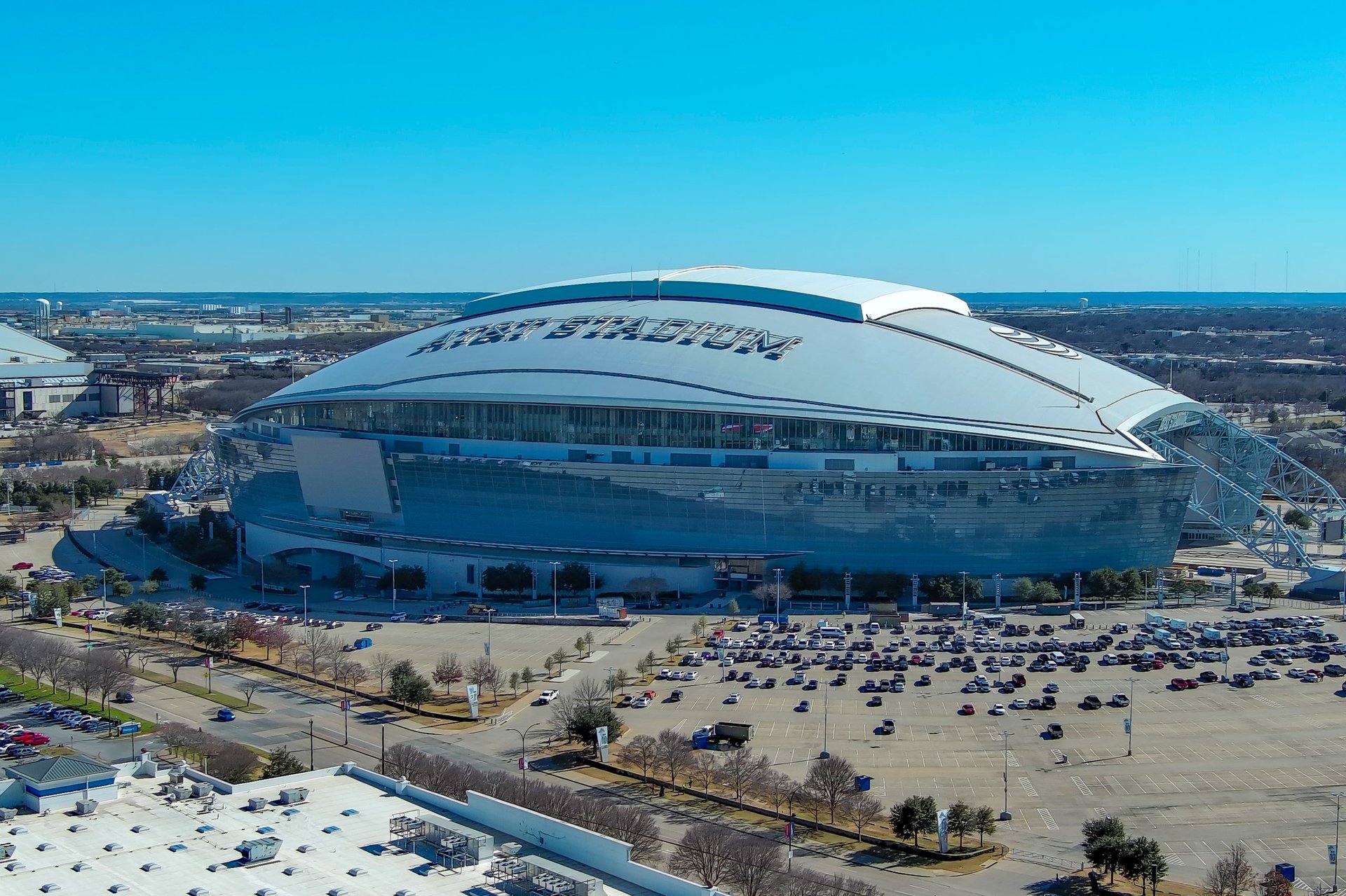 Aerial view of a large football stadium