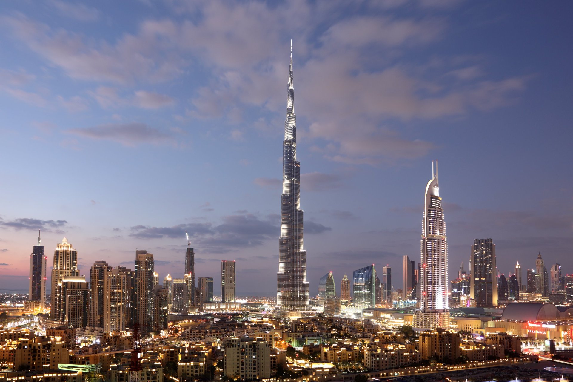 Burj Khalifa and Dubai Downtown at dusk, United Arab Emirates