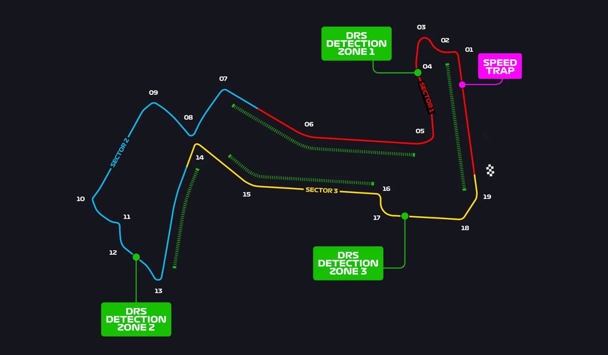 Technical circuit diagram with numbered nodes and colored lines showing electrical connections and labeled detection zones on dark background