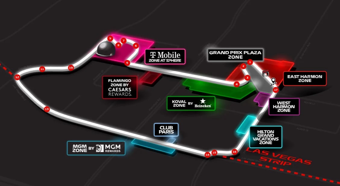 Neon map showing Grand Prix Plaza race track with labeled zones including T-Mobile, East Hamilton, and various sponsor locations on dark background